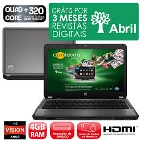 Notebook HP Pavilion G4-1116BR com AMD Vision Quad-Core A6-3400M, 4GB, 640GB, Gravador de DVD, Placa de Vídeo HD 6470, LED 14´´ e Windows 7 - 471958