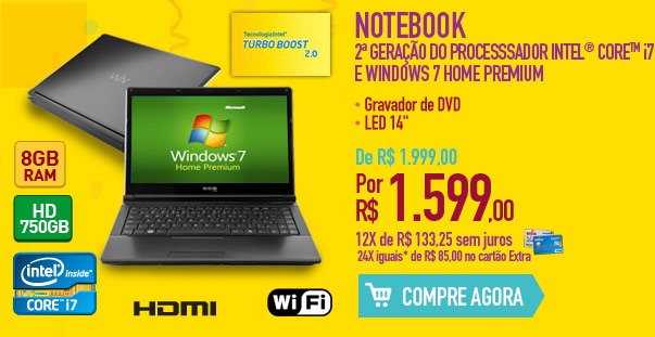 Notebook com 2ª Geração do Processsador Intel Core i7 e Windows 7 Home Premium
