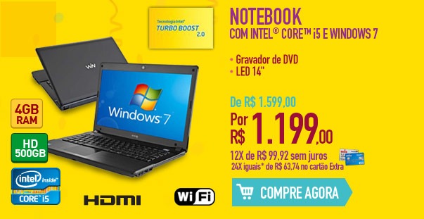 Notebook com Intel Core i5 e Windows 7