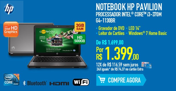 Notebook HP Pavilion com Processador Intel® CoreT i3-370M G4-1130BR