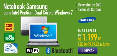 Notebook Samsung com Intel Pentium Dual Core e Windows 7