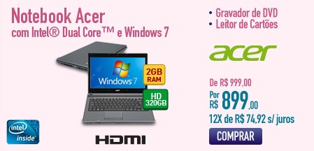 Notebook Acer com Intel® Dual CoreT e Windows 7