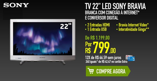 TV 22" LED Sony Bravia Branca com Conexão à Internet* e Conversor Digital