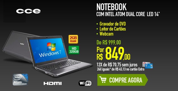 Notebook com Intel Atom Dual Core  LED 14 e Windows 7