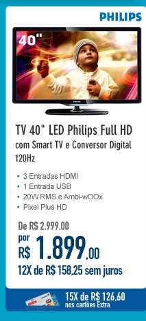 TV 40'' LED Philips Full HD com Smart TV e Conversor Digital - 120Hz