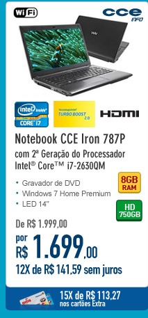 Notebook CCE Iron 787P com 2ª Geração do Processsador Intel® CoreT i7-2630QM