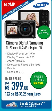 Camera Digital Samsung PL120 com 14.2MP e Duplo LCD