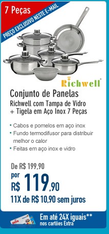 Conjunto de Panelas Richwell com Tampa de Vidro + Tigela em Aço Inox 7 Peças