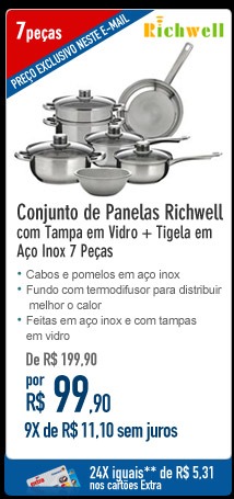 Conjunto de Panelas Richwell com Tampa em Vidro + Tigela em Aço Inox 7 Peças
