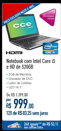 Notebook com Intel Core i3 e HD de 320GB