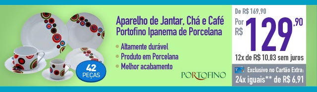 Aparelho de Jantar, Chá e Café Portofino Ipanema de Porcelana 42 Peças