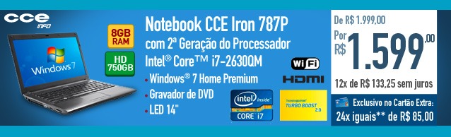 Notebook CCE Iron 787P com 2ª Geração do Processador Intel® CoreT i7-2630QM