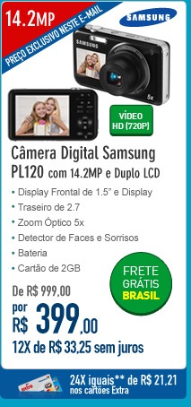 Câmera Digital Samsung PL120 com 14.2MP e Duplo LCD