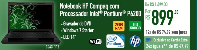 Notebook HP Compaq CQ43-112 com Processador Intel® Pentium® P6200