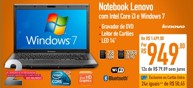 Notebook Lenovo com Intel Core i3 e Windows 7