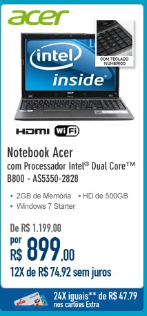 Notebook Acer AS5350-2828 com Processador Intel® Dual CoreT B800