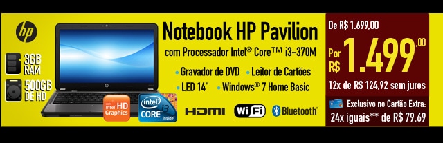 Notebook HP Pavilion com Processador Intel® CoreT i3-370M