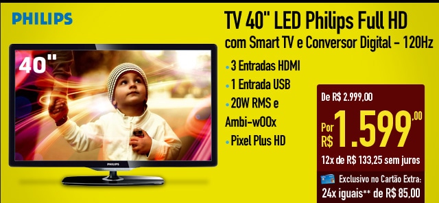 TV 40'' LED Philips Full HD com Smart TV e Conversor Digital - 120Hz