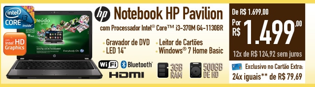 Notebook HP Pavilion com Processador Intel® CoreT i3-370M G4-1130BR