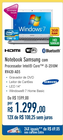 Notebook Samsung com Processador Intel® CoreT i3-2310M RV420-AD3