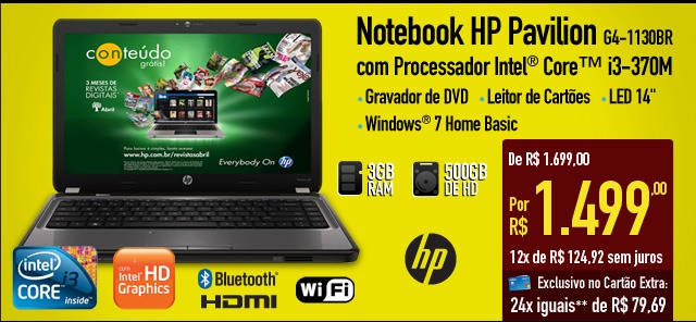 Notebook HP Pavilion com Processador Intel® CoreT i3-370M G4-1130BR