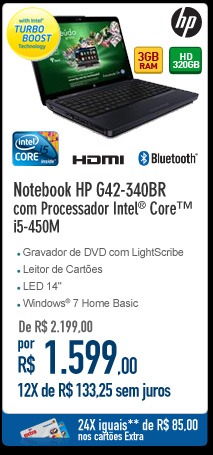 Notebook HP com Processador Intel® CoreT i5-450M G42-340BR