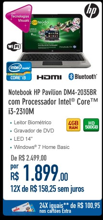 Notebook HP Pavilion com Processador Intel® CoreT i3-2310M DM4-2035BR