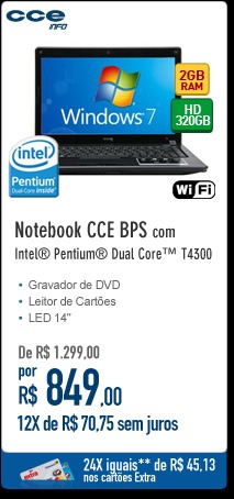 Notebook CCE BPS com Intel® Pentium® Dual CoreT T4300