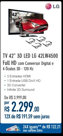TV 42'' 3D LED LG 42LW4500 Full HD com Conversor Digital e 4 Óculos 3D - 120 Hz