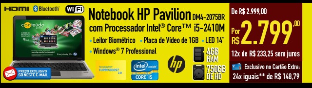 Notebook HP Pavilion com Processador Intel® CoreT i5-2410M DM4-2075BR