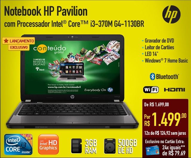 Notebook HP Pavilion com Processador Intel® CoreT i3-370M G4-1130BR