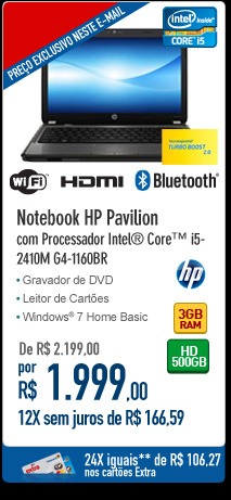 Notebook HP Pavilion com Processador Intel® CoreT i5-2410M G4-1160BR