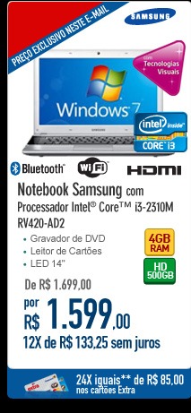 Notebook Samsung com Processador Intel® CoreT i3-2310M RV420-AD2