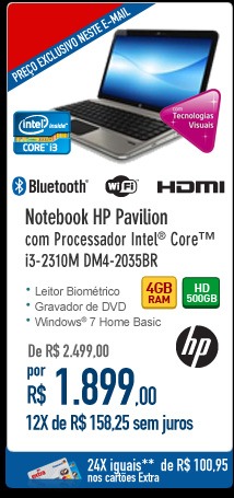 Notebook HP Pavilion com Processador Intel® CoreT i3-2310M DM4-2035BR