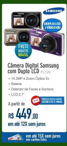 Câmera Digital Samsung PL120 com Duplo LCD
