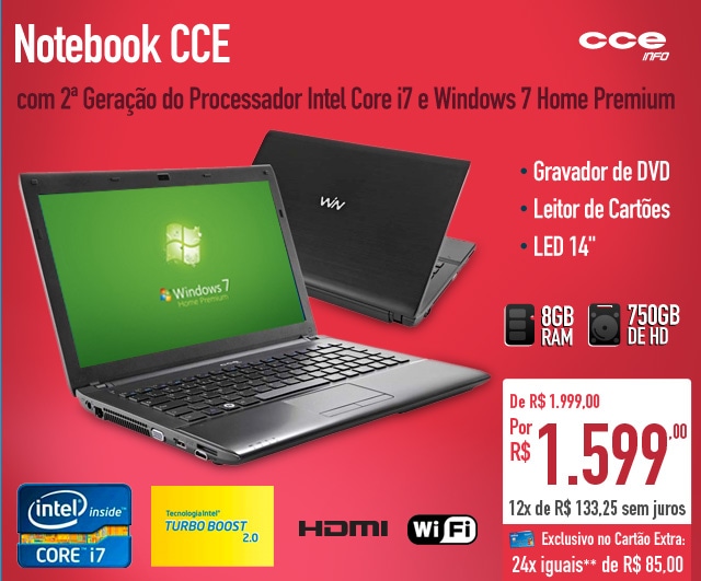 Notebook CCE com 2ª Geração do Processador Intel Core i7 e Windows 7 Home Premium
