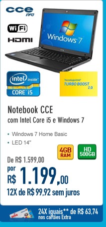Notebook CCE com Intel Core i5 e Windows 7