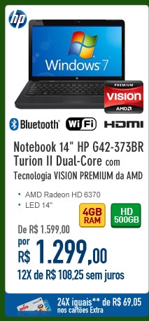 Notebook 14'' HP G42-373BR Turion II Dual-Core com Tecnologia VISION PREMIUM da AMD