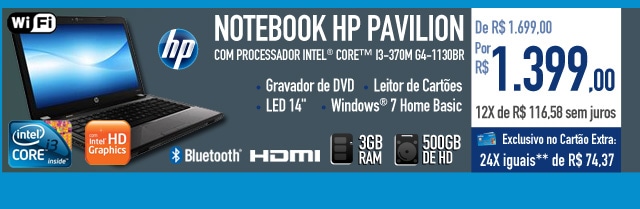Notebook HP Pavilion com Processador Intel® CoreT i3-370M G4-1130BR