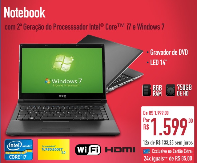 Notebook com 2ª Geração do Processsador Intel Core i7 e Windows 7