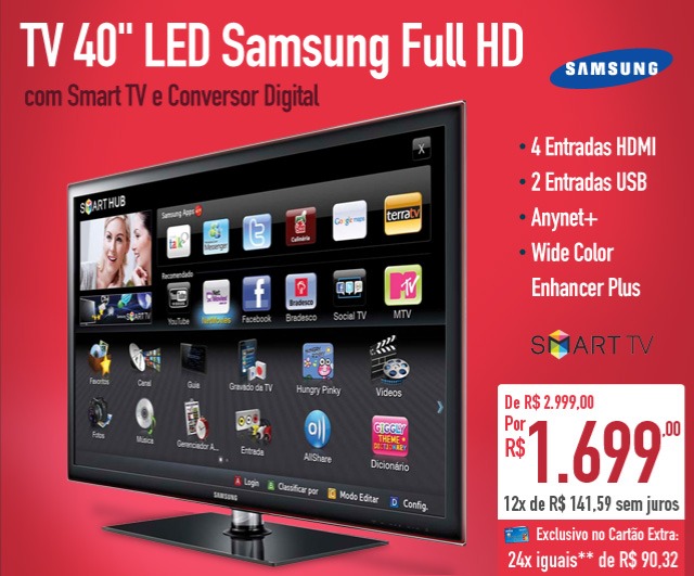 TV 40'' LED Samsung Full HD com Smart TV e Conversor Digital