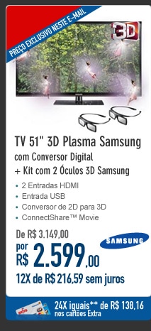 TV 51'' 3D Plasma Samsung com Conversor Digital + Kit com 2 Óculos 3D Samsung