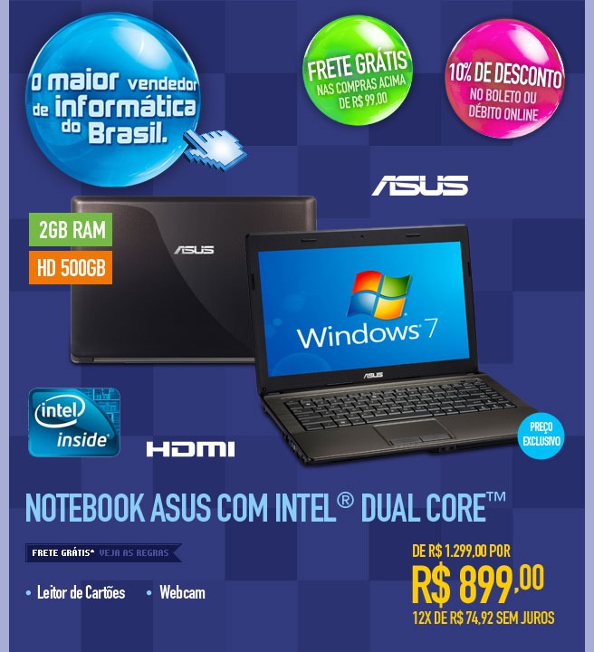 Notebook Asus com Intel® Dual CoreT