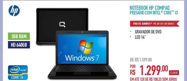 Notebook HP Compaq Presario com Intel® CoreT i3