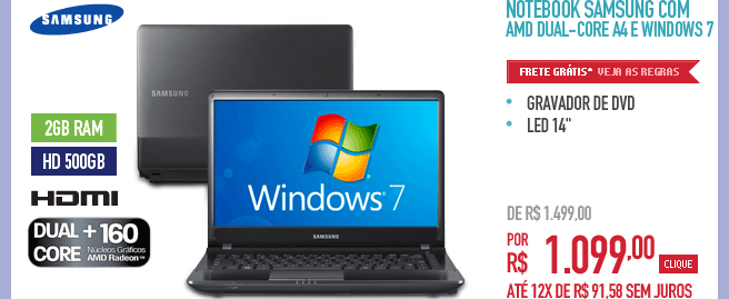 Notebook Samsung com AMD Dual-Core A4 e Windows 7
