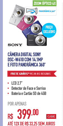 Câmera Digital Sony DSC-W610 com 14.1MP e Foto Panorâmica 360°