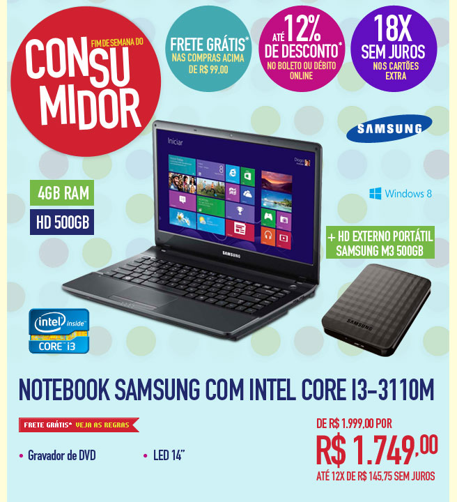 Notebook Samsung com Intel Core i3-3110M + HD Externo Portátil Samsung M3 500GB