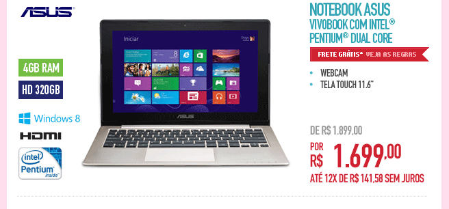 Notebook Asus VivoBook com Intel® Pentium® Dual Core