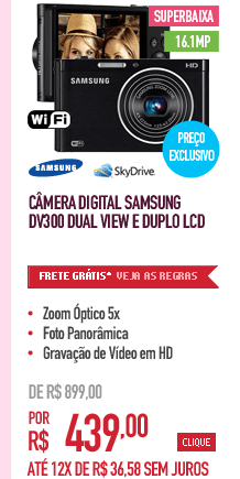 Câmera Digital Samsung DV300 Dual View com 16.1MP e Duplo LCD